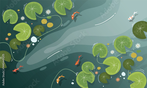 Top-down view of koi fish swimming in lily pond with natural water flow effects
