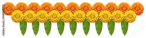 Marigold Flower Garland with Green Mango Leaves for Diwali, Pongal, Ugadi, Ganesh Chaturthi Festival Decoration PNG Image