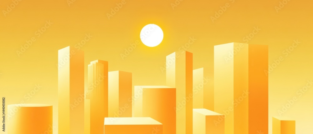 Fototapeta premium Golden Cityscape Illustration with Geometric Buildings and Sun, Depicting Urban Landscape and Warm Atmosphere in Abstract Style