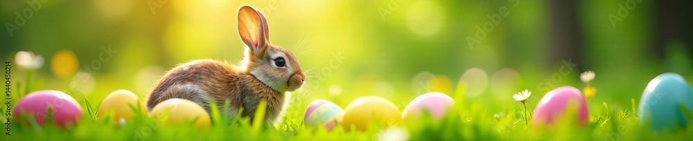 Fototapeta premium Cute bunny surrounded by colorful easter eggs in lush spring meadow, meadow, spring, holiday