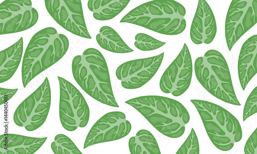 Clean white background with bright green abstract leaves scattered in flat vector style