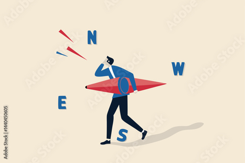Lost direction, frustrated business plan or problem and difficulty to find right path, mistake or wrong decision concept, frustrated businessman holding broken compass lost direction finding way to go