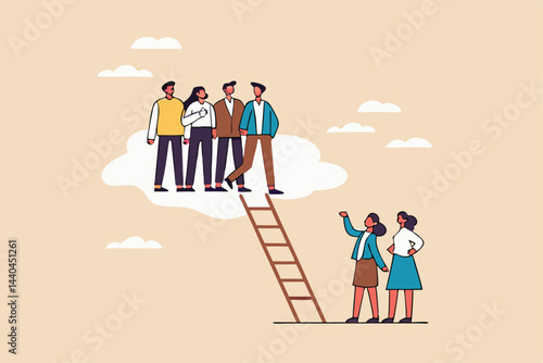 AGender gap, male domination in company executive board, unequal or unfair, inequality in management position, businessmen climb up ladder up the cloud with no space left for woman female colleagues.