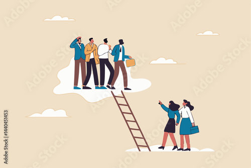 AGender gap, male domination in company executive board, unequal or unfair, inequality in management position, businessmen climb up ladder up the cloud with no space left for woman female colleagues.