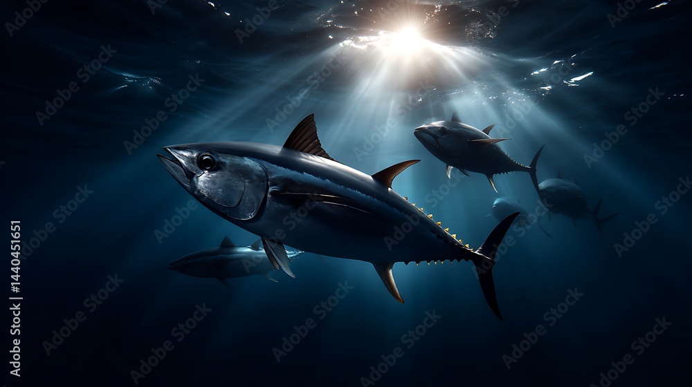 Obraz premium Underwater photography of yellowfin tuna schools in ocean sunlight deep sea marine life scene