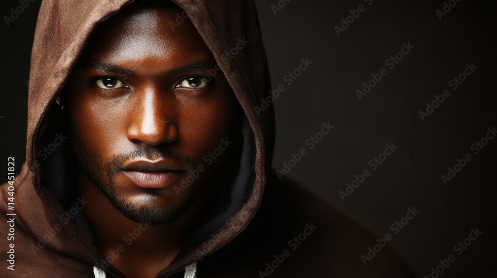 An intense portrait of a man wearing a brown hooded sweatshirt An intense portrait of a man wearing a brown hooded sweatshirt