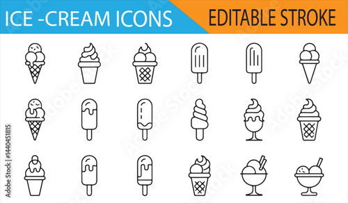 Editable vector icons of ice cream in different styles, perfect for summer and food projects.