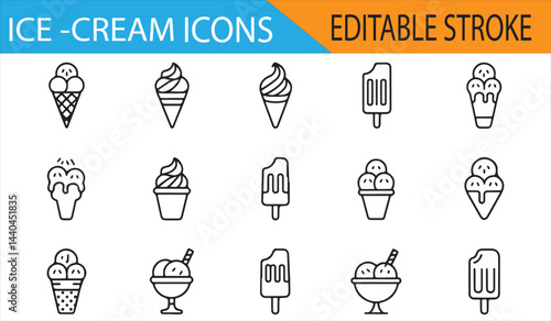 Ice cream collection in simple line art with cones, cups, and other frozen treats.