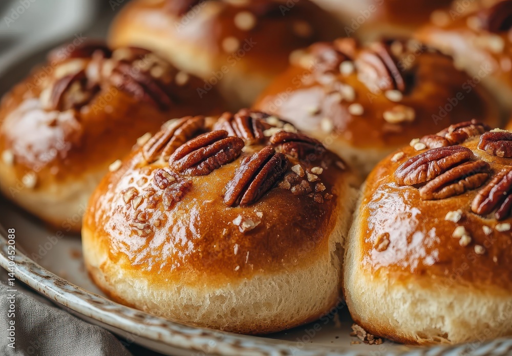 Freshly Baked Sweet Buns with Pecans on a Plate Highlighting Delicious Texture and Golden Brown Crust for Culinary Inspiration and Bakery Presentations Freshly Baked Sweet Buns with Pecans on a Plate Highlighting Delicious Texture and Golden Brown Crust for Culinary Inspiration and Bakery Presentations
