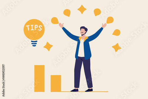 Helpful tips for business, useful ideas or smart trick to success, advice or suggestion information for improvement concept, smart businessman holding lightbulb ideas balloon telling helpful tips.
