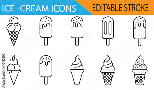 Ice cream icons set with editable strokes, including different cones, popsicles, and sundaes.
