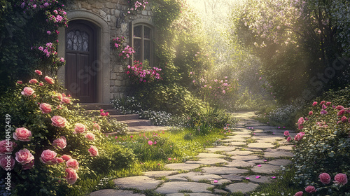 serene garden pathway lined with blooming roses and lush greenery, inviting tranquility