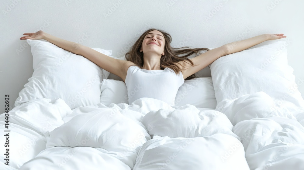 A relaxed woman waking up and stretching in a white bed A relaxed woman waking up and stretching in a white bed