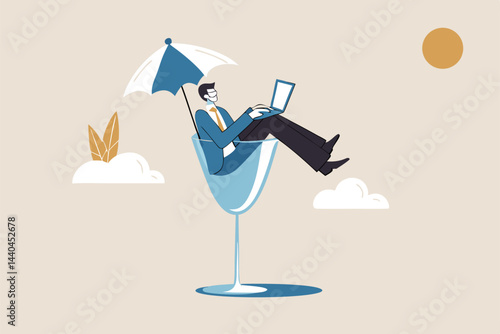 Work anywhere anytime, hybrid work or flexible hour for employee choice to choose where and when to work concept, businessman relax working remotely with computer laptop in cocktail glass at night.