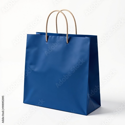 Dark blue paper shopping bag with elegant rope handles isolated on white background, retail, shopping, bag