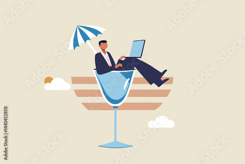 Work anywhere anytime, hybrid work or flexible hour for employee choice to choose where and when to work concept, businessman relax working remotely with computer laptop in cocktail glass at night.