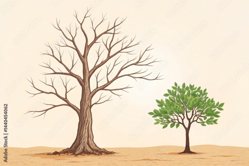 Obraz premium A single dead tree and a young small thriving tree side by side A barren tree contrasts with a vibrant, leafy tree in a simple landscape.