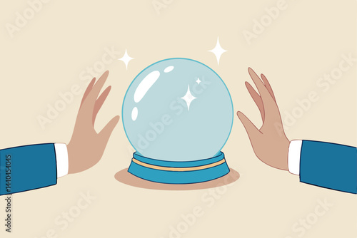 Business forecast, investment stock market prediction or super power to see future, fortune teller to see opportunity concept, businessman hand with magical power see forecasting on crystal magic ball