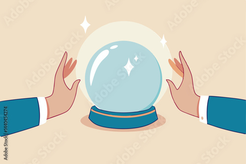 Business forecast, investment stock market prediction or super power to see future, fortune teller to see opportunity concept, businessman hand with magical power see forecasting on crystal magic ball