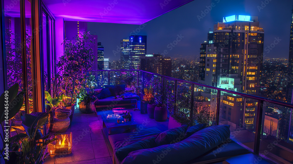 vibrant rooftop rental studio with neon decor, offering stunning city view at night