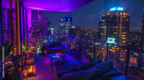 Obraz na płótnie vibrant rooftop rental studio with neon decor, offering stunning city view at night w salonie