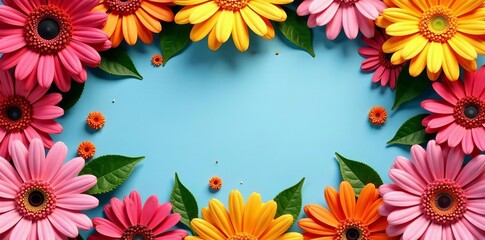 Decorative frame of colorful gerbera daisy flowers border, vector, decoration, template