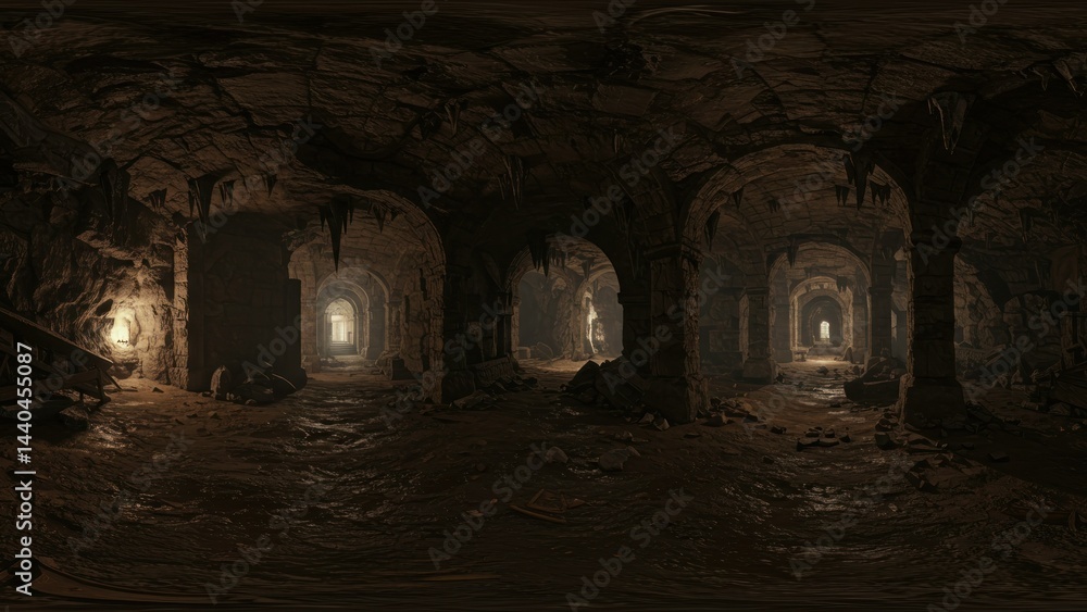 Obraz premium Arched stone corridor in dark dungeon passage