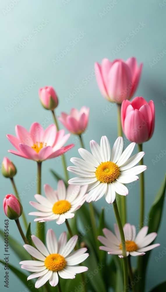 Obraz premium Delicate daisies and tulips in pastel colors for wallpaper, daisies, delicate, seamless