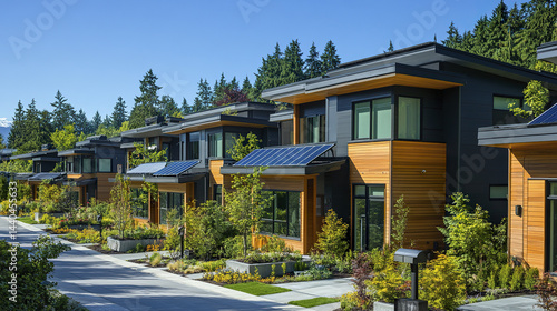 Modern green homes with solar panels line serene street, surrounded by lush trees