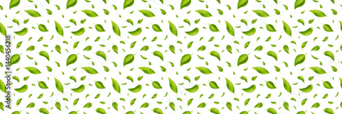 Green tea leaves long seamless pattern. Natural vivid plants. Leaf flying. Wave foliage ornament. Vegan, eco, organic design element. Cosmetic frame. Beauty product. Fresh herbal. Vector illustration