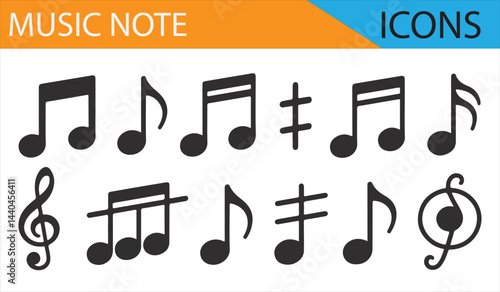 Vector design of music icons including various notes and symbols, editable for customization.