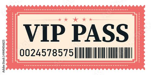  VIP pass ticket, flat vector in vintage style, simple style, red beige color palette