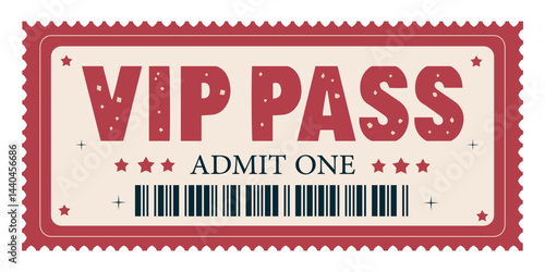 VIP pass ticket with barcode, flat vector in vintage style, simple style, red beige color palette
