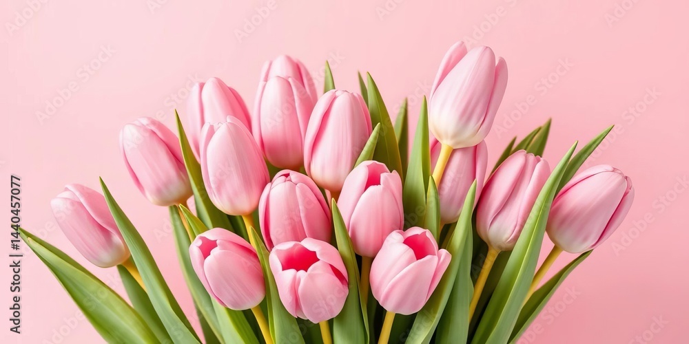 Naklejka premium Delicate pink tulips arranged in a spring bouquet against a soft pastel pink backdrop, floral backdrop, beautiful flowers