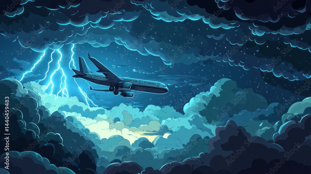 Fototapeta premium Turbulent night flight through a stormy sky.