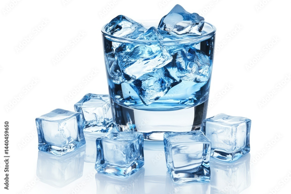 Glass of ice-cold water with surrounding ice cubes Glass of ice-cold water with surrounding ice cubes