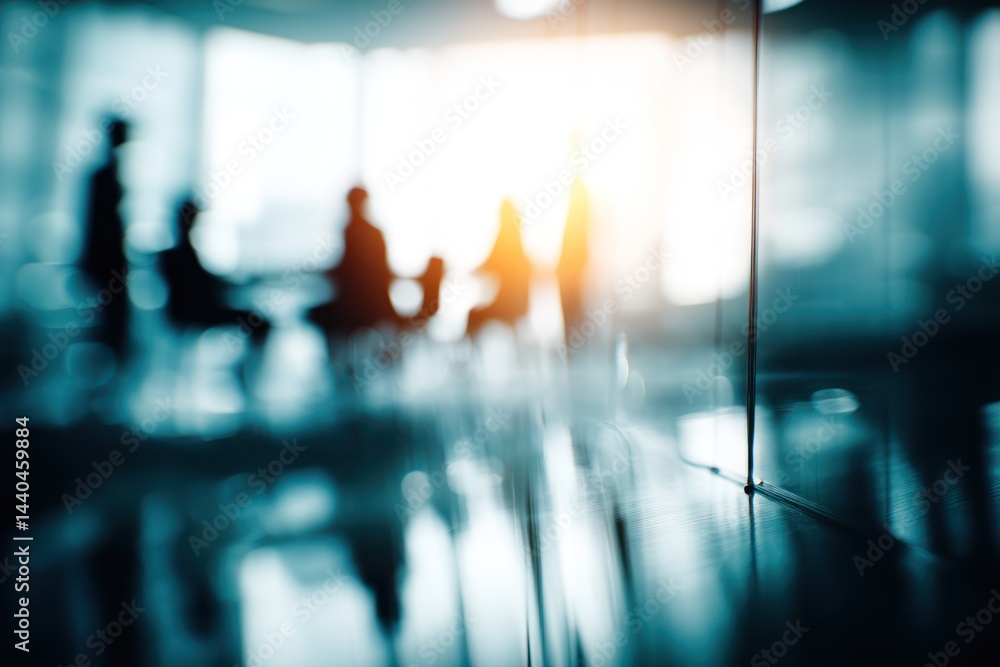 Fototapeta premium Blurred Business Meeting with Silhouettes in Modern Office Setting