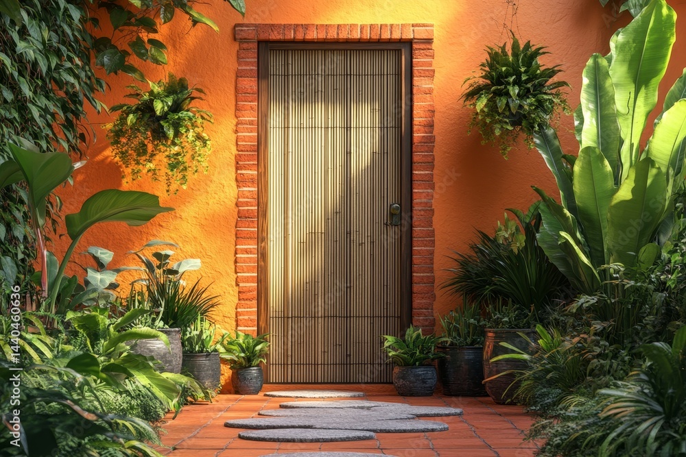 Fototapeta premium Tropical garden entrance with orange wall and wooden door.