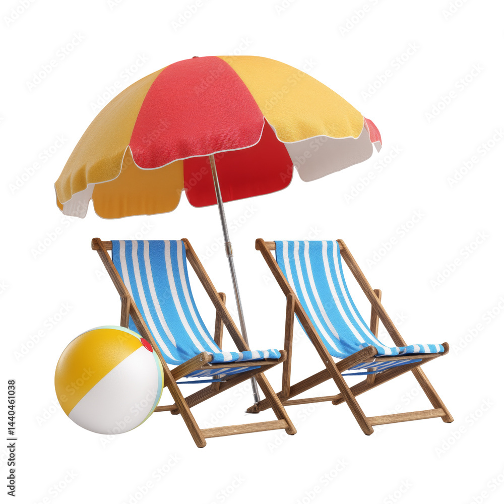 Beach chairs and umbrella and ball isolated on white or transparent background, for summer beach holiday Beach chairs and umbrella and ball isolated on white or transparent background, for summer beach holiday