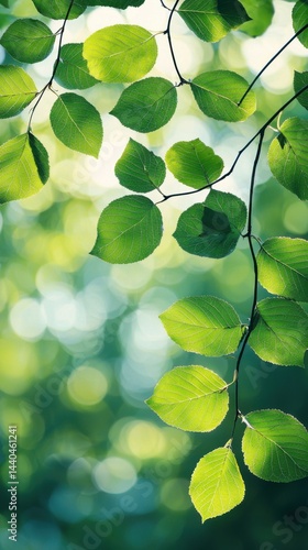 Vibrant green leaves on thin branches with sunlight filte through in a lush natural setting, creating a fresh and serene outdoor atmosphere