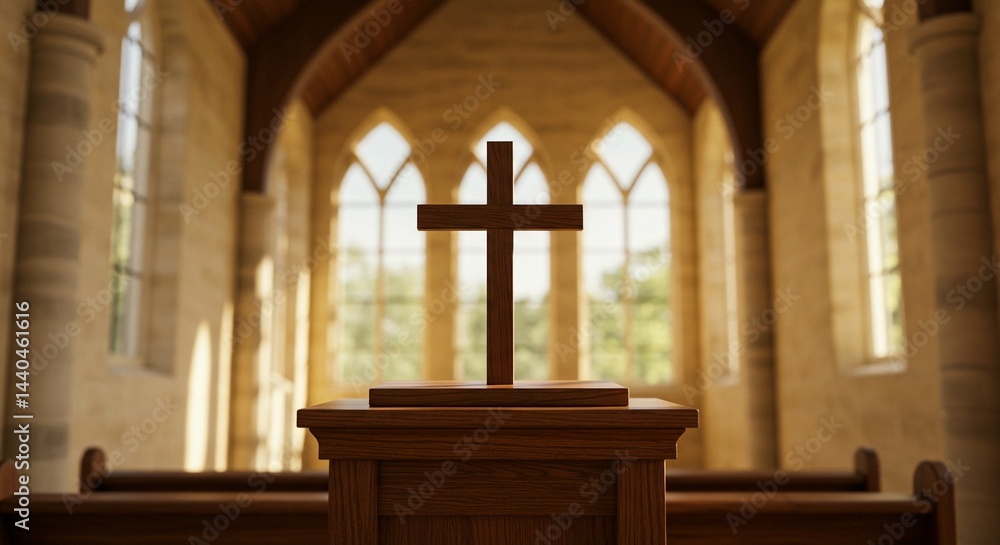 Naklejka premium Wooden cross standing on a wooden pulpit inside a place of religious gathering.