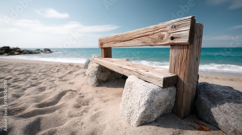 under 200 characters): A rustic wooden bench sits on sandy beach overlooking the turquoise ocean, with clear skies and gentle waves in the background.