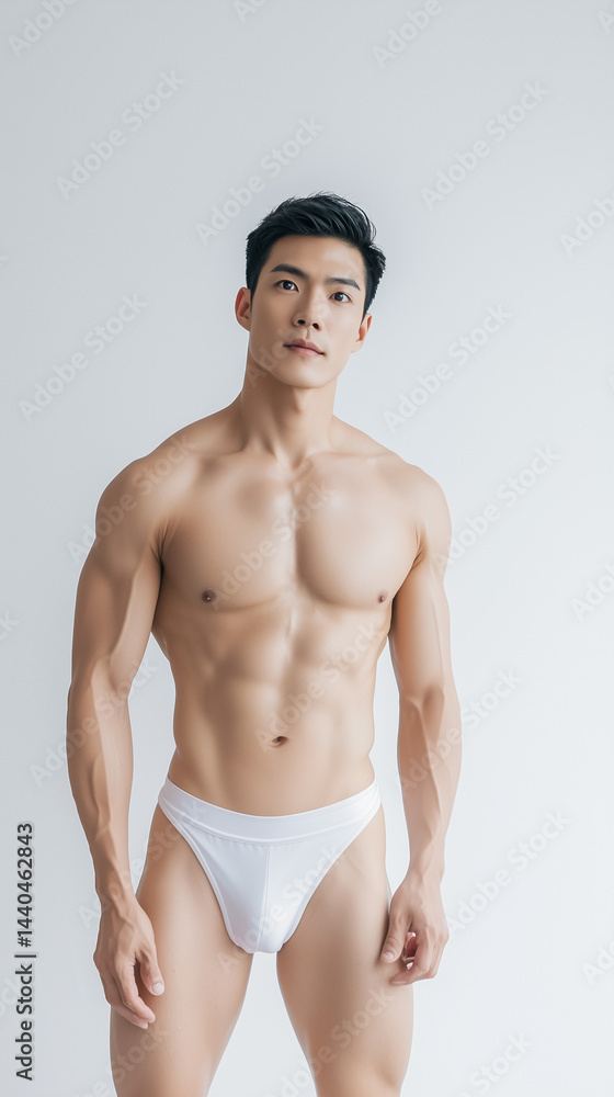 Fototapeta premium Attractive Male Model Wearing Elegant White Swim Briefs by the Water