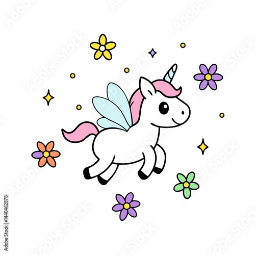 Sticker design of  chibi unicorn with delicate wings, fluttering among colorful flowers