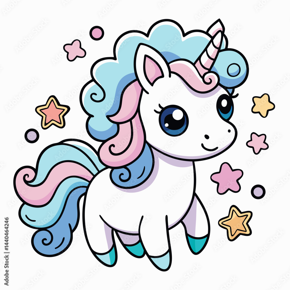 Naklejka premium Sticker design of chibi unicorn with a doodle-style mane