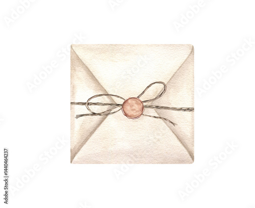 Beige square envelope tied with jute and sealed with brown round wax watercolor illustration isolated background. Vintage close letter ready for sending with rope bow and stamp template