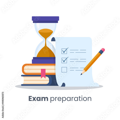 Exam preparation vector illustration featuring a checklist, pencil, hourglass, and stacked books. Concept of time management, study planning, learning goals, and academic success. Flat style design.