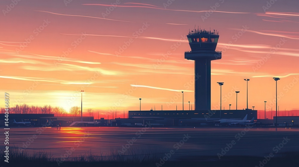 Obraz premium The early morning light creates a stunning contrast as the airport control tower stands tall, its silhouette framed by the soft glow of the rising sun.