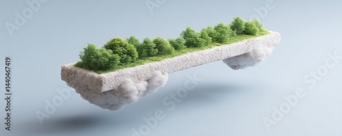 A rectangular floating island with green trees hovers above the ground, supported by clouds in a surreal, minimalistic scene.
