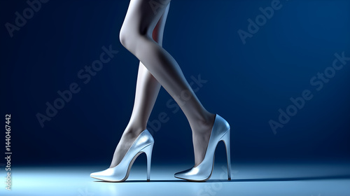 A woman's legs in high-heeled silver shoes walking on a blue background.